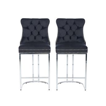 2 pc Velvet Bar Stools with Tufted Back & Chrome Metal Base