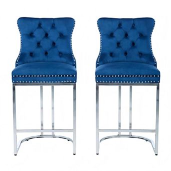 2 pc Velvet Bar Stools with Tufted Back & Chrome Metal Base