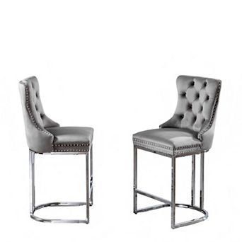 2 pc Velvet Bar Stools with Tufted Back & Chrome Metal Base