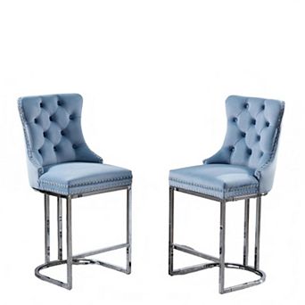 2 pc Velvet Bar Stools with Tufted Back & Chrome Metal Base