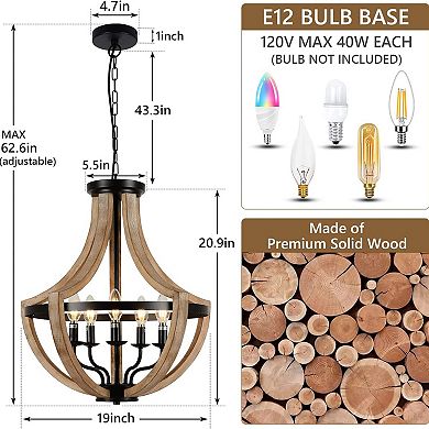 ELEMENT ACE Farmhouse Solid Wood Chandelier with Adjustable Height & 5 Light Sources