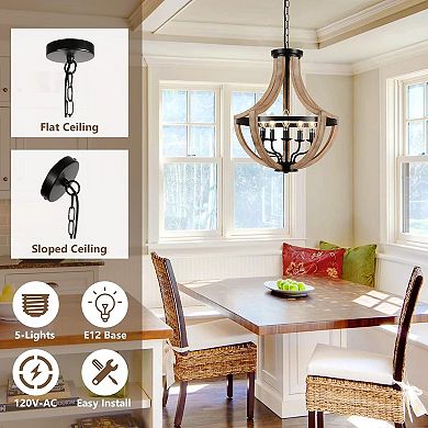 ELEMENT ACE Farmhouse Solid Wood Chandelier with Adjustable Height & 5 Light Sources