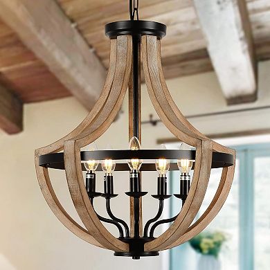 ELEMENT ACE Farmhouse Solid Wood Chandelier with Adjustable Height & 5 Light Sources