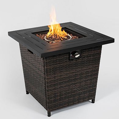 28" Propane Gas Fire Pit Table, 50000 BTU Square Steel Fire Pit with Wicker Base