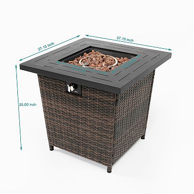 28" Propane Gas Fire Pit Table, 50000 BTU Square Steel Fire Pit with Wicker Base