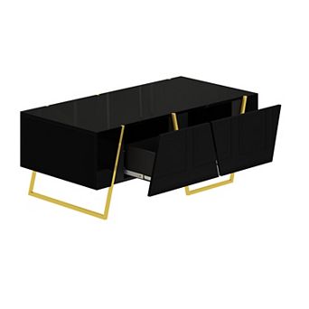 GOODSILO Modern Rectangular High Gloss Coffee Table with Storage Drawers and Metallic Base