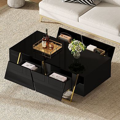 GOODSILO Modern Rectangular High Gloss Coffee Table with Storage Drawers and Metallic Base