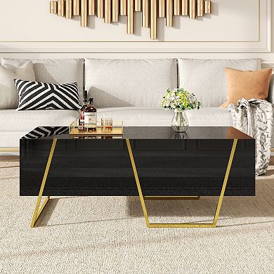 GOODSILO Modern Rectangular High Gloss Coffee Table with Storage Drawers and Metallic Base