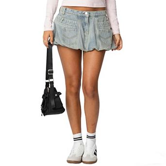 High-Waisted Ruched Denim Mini Skirt with Classic Pocket Design Flared A-Line Casual Short Skirt