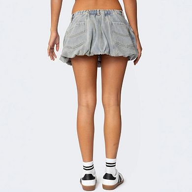 High-Waisted Ruched Denim Mini Skirt with Classic Pocket Design Flared A-Line Casual Short Skirt