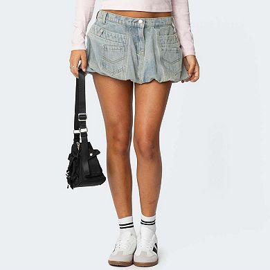 High-Waisted Ruched Denim Mini Skirt with Classic Pocket Design Flared A-Line Casual Short Skirt