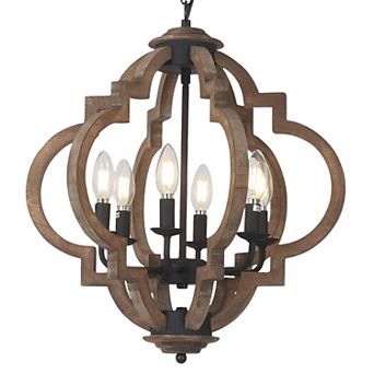 ELEMENT ACE Rustic Geometric Orb Chandelier with Distressed Wood Finish for Dining Room Lighting