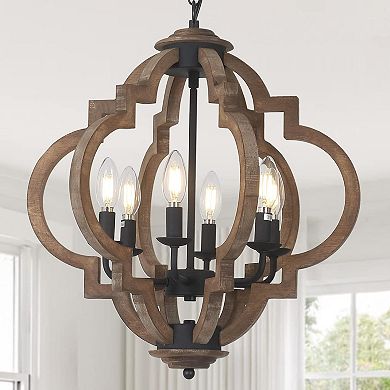 ELEMENT ACE Rustic Geometric Orb Chandelier with Distressed Wood Finish for Dining Room Lighting