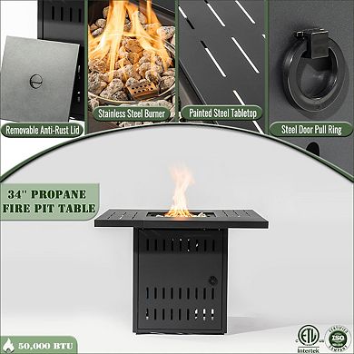 34" Propane Gas Fire Pit Table, 50000 BTU Rectangular Steel Fire Pit