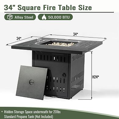 34" Propane Gas Fire Pit Table, 50000 BTU Rectangular Steel Fire Pit