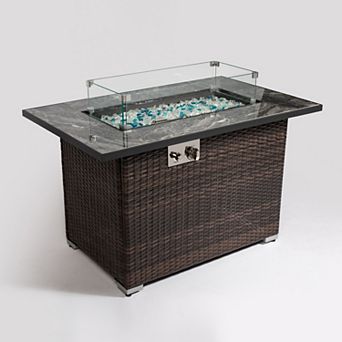 44" Propane Gas Fire Pit Table, 50000 BTU Rectangular Fire Pit, Tile Tabletop with Wicker Base