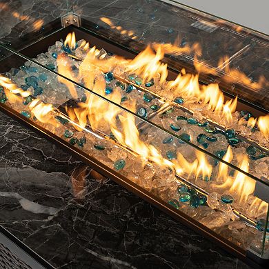 44" Propane Gas Fire Pit Table, 50000 BTU Rectangular Fire Pit, Tile Tabletop with Wicker Base