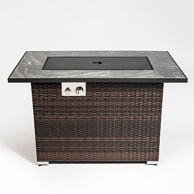 44" Propane Gas Fire Pit Table, 50000 BTU Rectangular Fire Pit, Tile Tabletop with Wicker Base