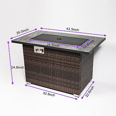 44" Propane Gas Fire Pit Table, 50000 BTU Rectangular Fire Pit, Tile Tabletop with Wicker Base
