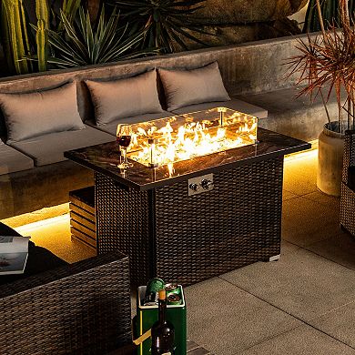 44" Propane Gas Fire Pit Table, 50000 BTU Rectangular Fire Pit, Tile Tabletop with Wicker Base