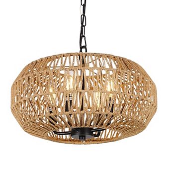 ELEMENT ACE Farmhouse Hand-Woven Rattan Four-Light Pendant Chandelier Adjustable Lamp