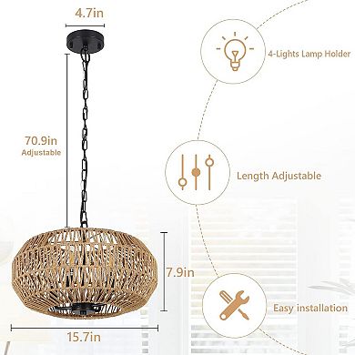 ELEMENT ACE Farmhouse Hand-Woven Rattan Four-Light Pendant Chandelier Adjustable Lamp