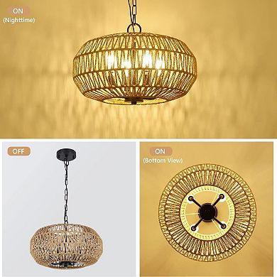 ELEMENT ACE Farmhouse Hand-Woven Rattan Four-Light Pendant Chandelier Adjustable Lamp