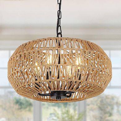 ELEMENT ACE Farmhouse Hand-Woven Rattan Four-Light Pendant Chandelier Adjustable Lamp