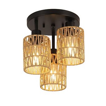ELEMENT ACE Three-Light Semi-Flush Mount Ceiling Fixture with Rattan Shade, Dimmable