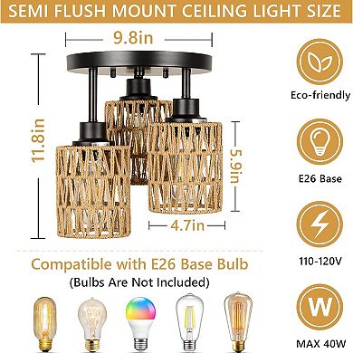 ELEMENT ACE Three-Light Semi-Flush Mount Ceiling Fixture with Rattan Shade, Dimmable