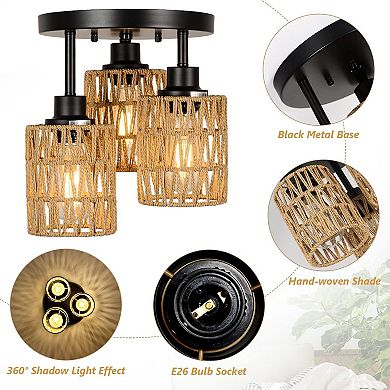 ELEMENT ACE Three-Light Semi-Flush Mount Ceiling Fixture with Rattan Shade, Dimmable