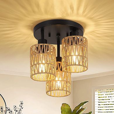 ELEMENT ACE Three-Light Semi-Flush Mount Ceiling Fixture with Rattan Shade, Dimmable