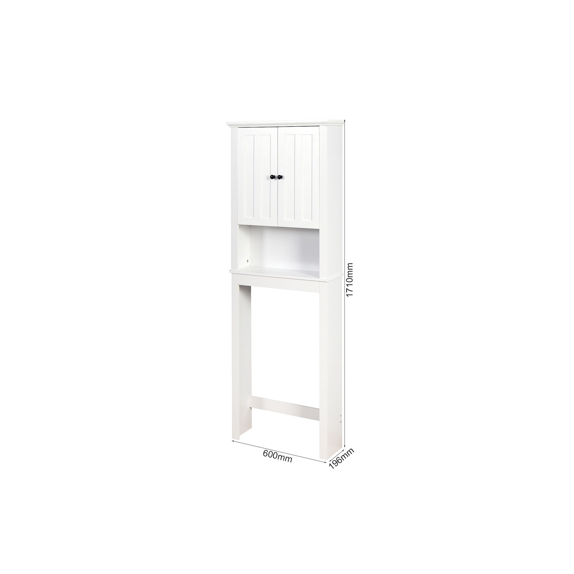 White over-the-toilet storage cabinet with adjustable shelf showing dimensions