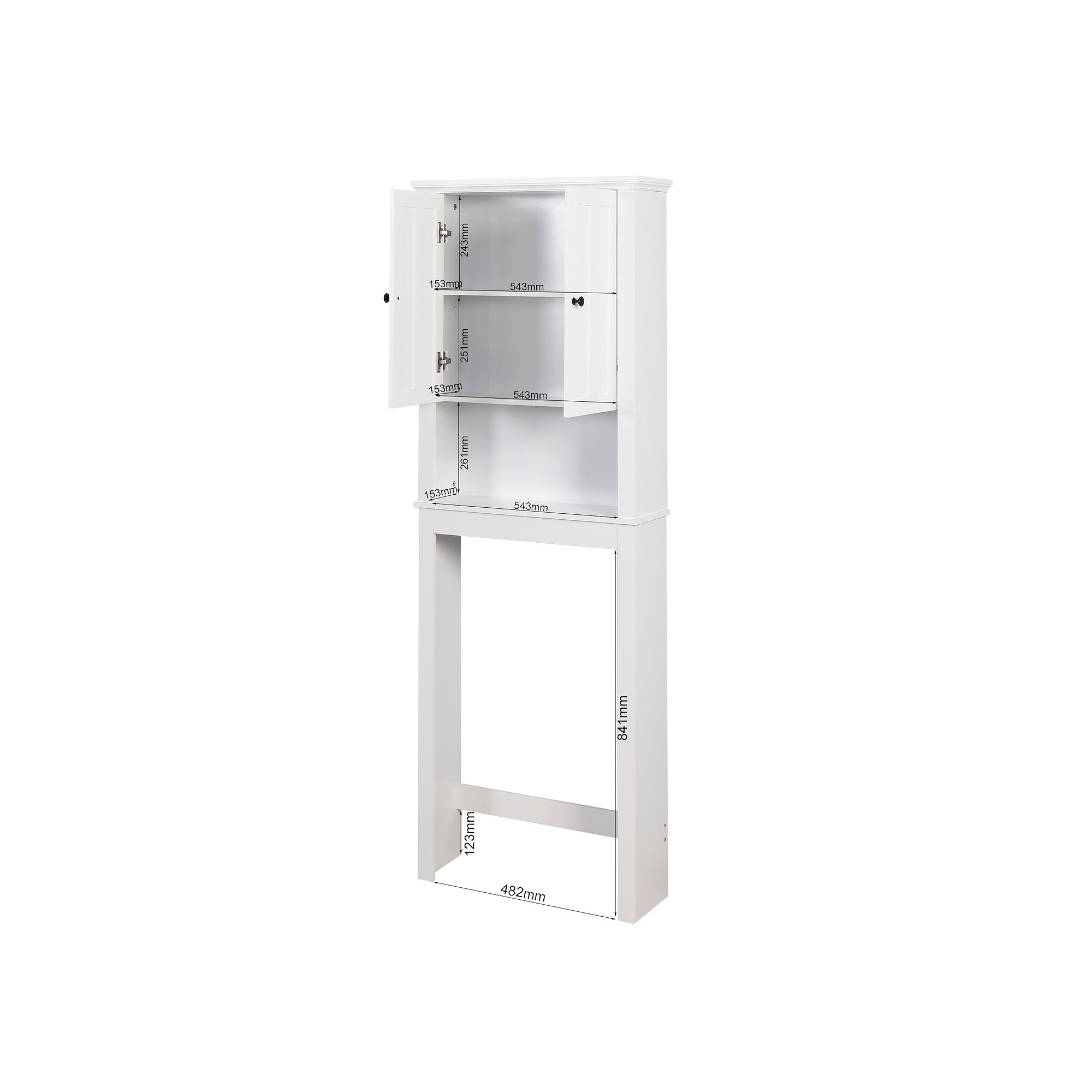 White over-the-toilet cabinet interior showing adjustable shelf and dimensions