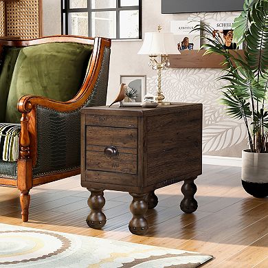 GOODSILO Solid Wood Narrow End Table with Drawer, Vintage Rectangle Side Table for Small Spaces