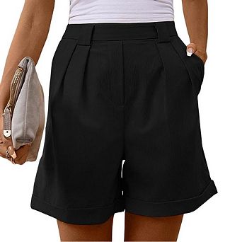 Womens Casual Elastic Waist Wide Leg Suit Tailored Shorts Dressy Work Shorts with Pockets