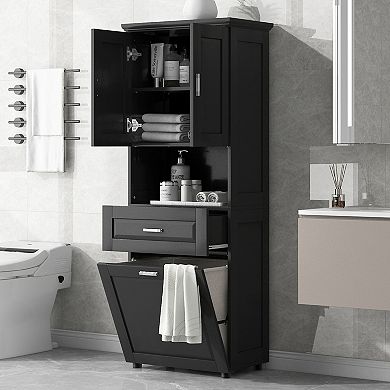 ELEMENT ACE Tall Bathroom Storage Cabinet with Integrated Laundry Hamper and Adjustable Shelves