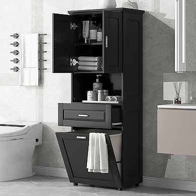 ELEMENT ACE Tall Bathroom Storage Cabinet with Integrated Laundry Hamper and Adjustable Shelves