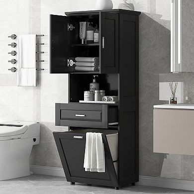 ELEMENT ACE Tall Bathroom Storage Cabinet with Integrated Laundry Hamper and Adjustable Shelves