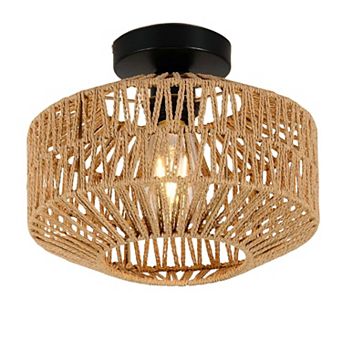 ELEMENT ACE Mini Bohemian Rattan Flush Mount Ceiling Light Fixture with Dimmable LED Bulb