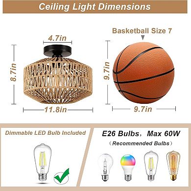 ELEMENT ACE Mini Bohemian Rattan Flush Mount Ceiling Light Fixture with Dimmable LED Bulb