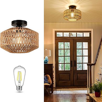 ELEMENT ACE Mini Bohemian Rattan Flush Mount Ceiling Light Fixture with Dimmable LED Bulb