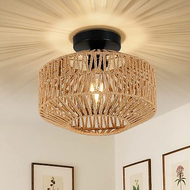 ELEMENT ACE Mini Bohemian Rattan Flush Mount Ceiling Light Fixture with Dimmable LED Bulb