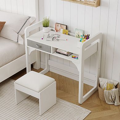 Wooden Study Desk and Chair Set with Spacious Cloth Drawers and Built-in Pen Holder for Writing