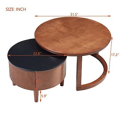 GOODSILO Vintage Fluted Round Nesting Coffee Table with Drawer and Two-Tone Finish for Living Room