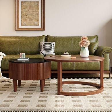 GOODSILO Vintage Fluted Round Nesting Coffee Table with Drawer and Two-Tone Finish for Living Room