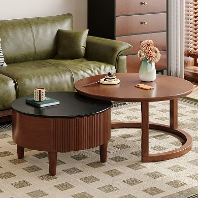 GOODSILO Vintage Fluted Round Nesting Coffee Table with Drawer and Two-Tone Finish for Living Room
