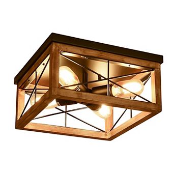 ELEMENT ACE Farmhouse Flush Mount Ceiling Light with Natural Wood Frame & 4 Lights