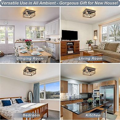 ELEMENT ACE Farmhouse Flush Mount Ceiling Light with Natural Wood Frame & 4 Lights