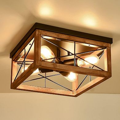 ELEMENT ACE Farmhouse Flush Mount Ceiling Light with Natural Wood Frame & 4 Lights
